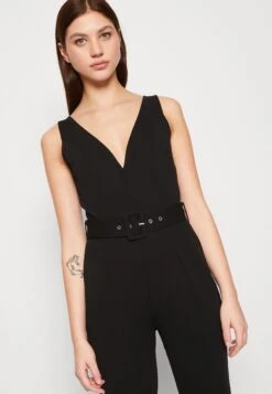 Even&Odd Going Out Low V Neck Flared Leg Belted - Jumpsuit - Black -Even&Odd f8427b06240c49ccaa2166959d756338